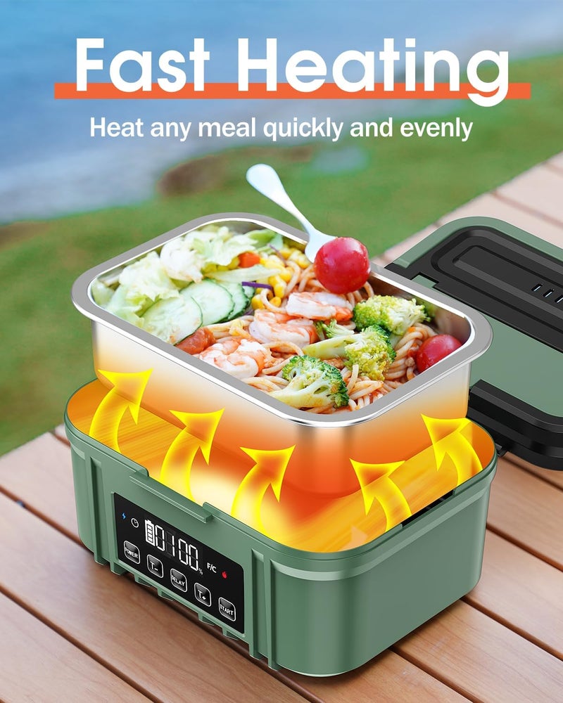 FERVINOW Cordless Electric Lunch Box for Adults – Battery-Powered Heated Lunch Box with 1.2L Stainless Steel Container, Timer Function, and Leak-Proof Food Warmer for Work, Travel & Office(Pine Green) - Image 2